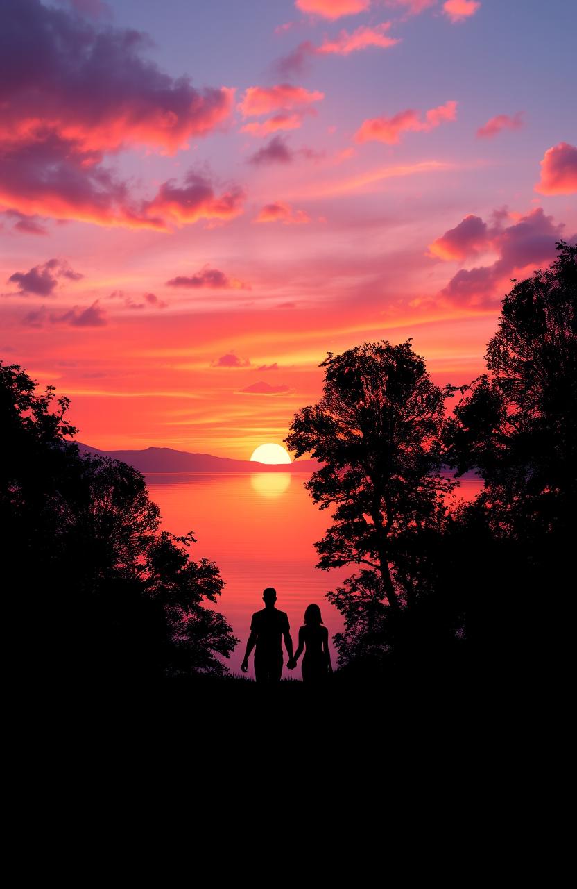 A beautiful and serene landscape depicting a sunset over a tranquil lake, with vibrant colors of orange, pink, and purple reflecting on the water's surface