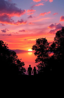 A beautiful and serene landscape depicting a sunset over a tranquil lake, with vibrant colors of orange, pink, and purple reflecting on the water's surface