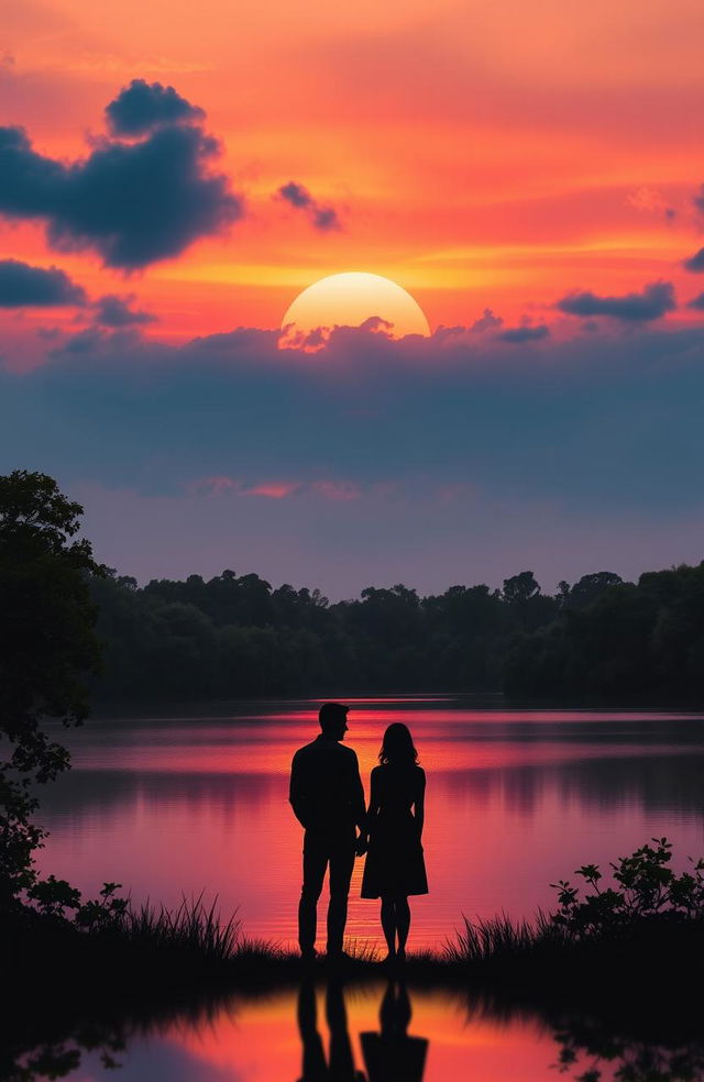 A beautiful and serene landscape depicting a sunset over a tranquil lake, with vibrant colors of orange, pink, and purple reflecting on the water's surface