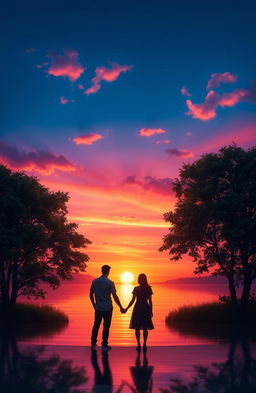 A beautiful and serene landscape depicting a sunset over a tranquil lake, with vibrant colors of orange, pink, and purple reflecting on the water's surface