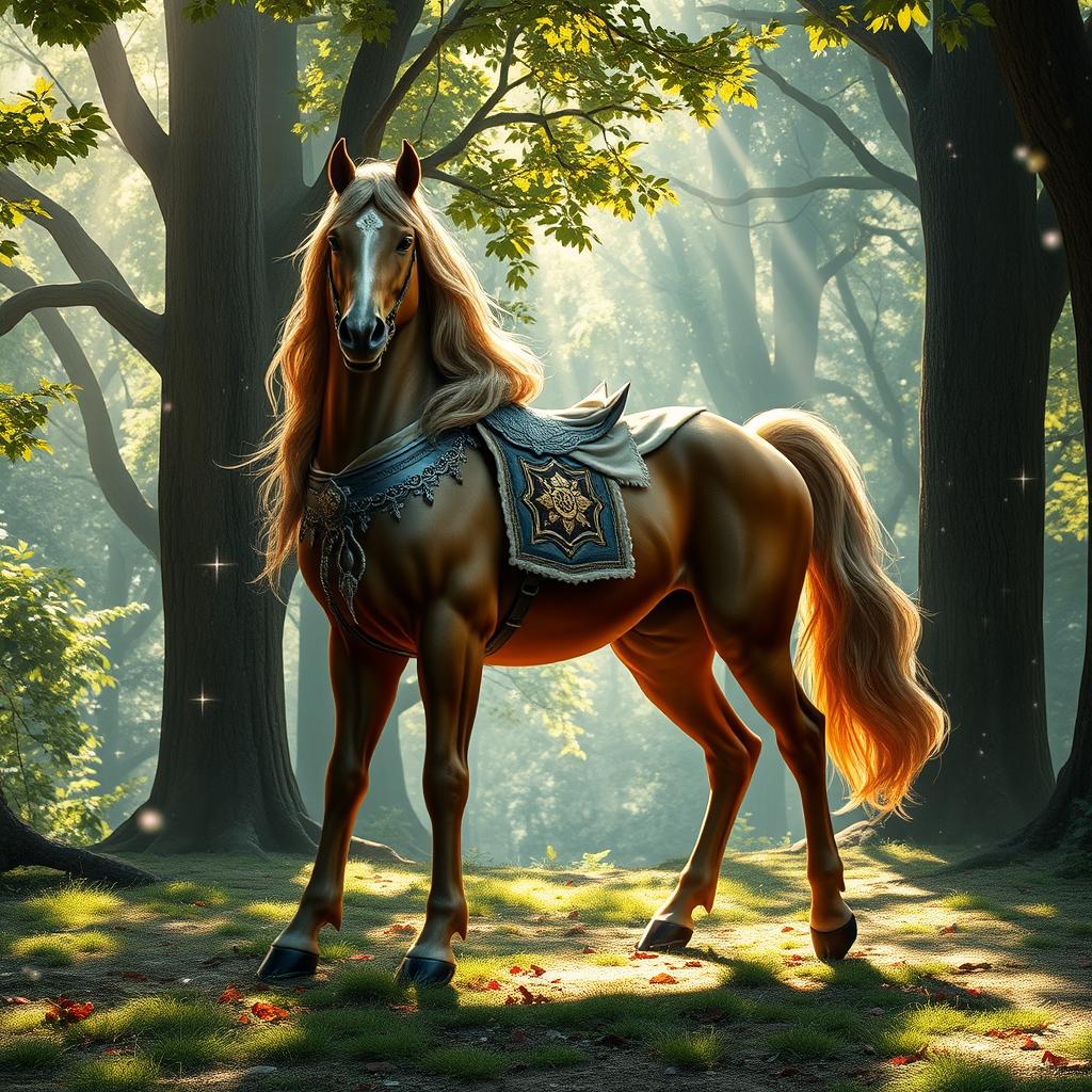 A majestic centaur standing proudly in a lush, enchanted forest