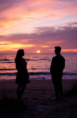 A serene scene depicting a beautiful sunset over a tranquil beach, with two silhouettes of people standing apart yet looking toward each other, reflecting a sense of longing