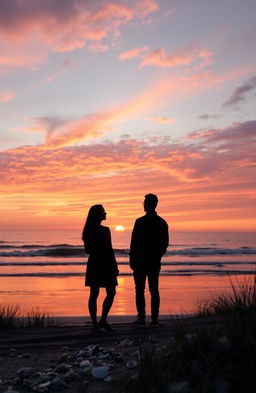 A serene scene depicting a beautiful sunset over a tranquil beach, with two silhouettes of people standing apart yet looking toward each other, reflecting a sense of longing