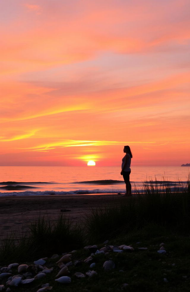 A serene scene depicting a beautiful sunset over a tranquil beach, with two silhouettes of people standing apart yet looking toward each other, reflecting a sense of longing