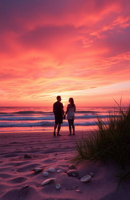 A serene scene depicting a beautiful sunset over a tranquil beach, with two silhouettes of people standing apart yet looking toward each other, reflecting a sense of longing