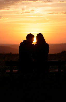 A serene scene of two people sitting closely on a rustic wooden bench