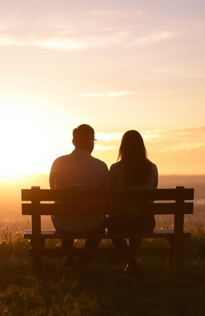 A serene scene of two people sitting closely on a rustic wooden bench