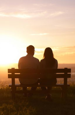 A serene scene of two people sitting closely on a rustic wooden bench