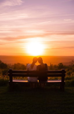 A serene scene of two people sitting closely on a rustic wooden bench