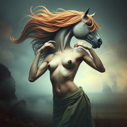 A surreal artistic vision featuring a woman's torso gracefully replacing a horse's head, blending elements of human and equestrian forms in a fantastical manner