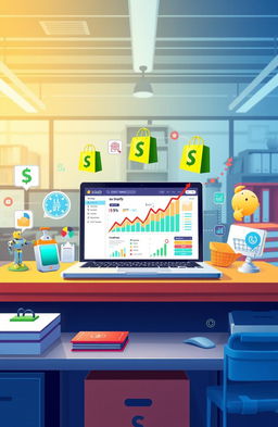 A visually stunning graphic illustration representing the concept of Shopify automation in an e-commerce setting
