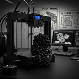 A visually striking representation of the 3D printing revolution, crafted entirely in black shades, showcasing intricate layers of a 3D printed object being formed