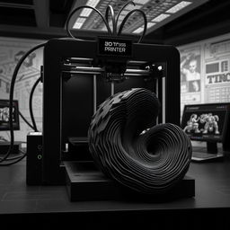 A visually striking representation of the 3D printing revolution, crafted entirely in black shades, showcasing intricate layers of a 3D printed object being formed