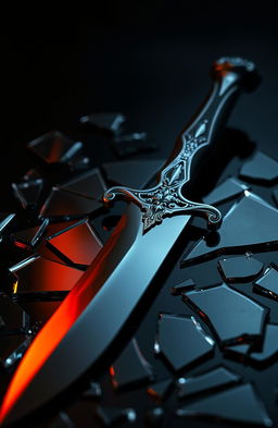 A detailed composition featuring a sleek, glistening dagger with a beautifully ornate handle resting on a shattered mirror