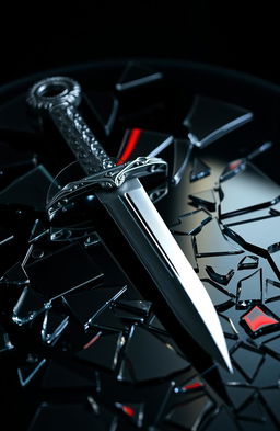 A detailed composition featuring a sleek, glistening dagger with a beautifully ornate handle resting on a shattered mirror