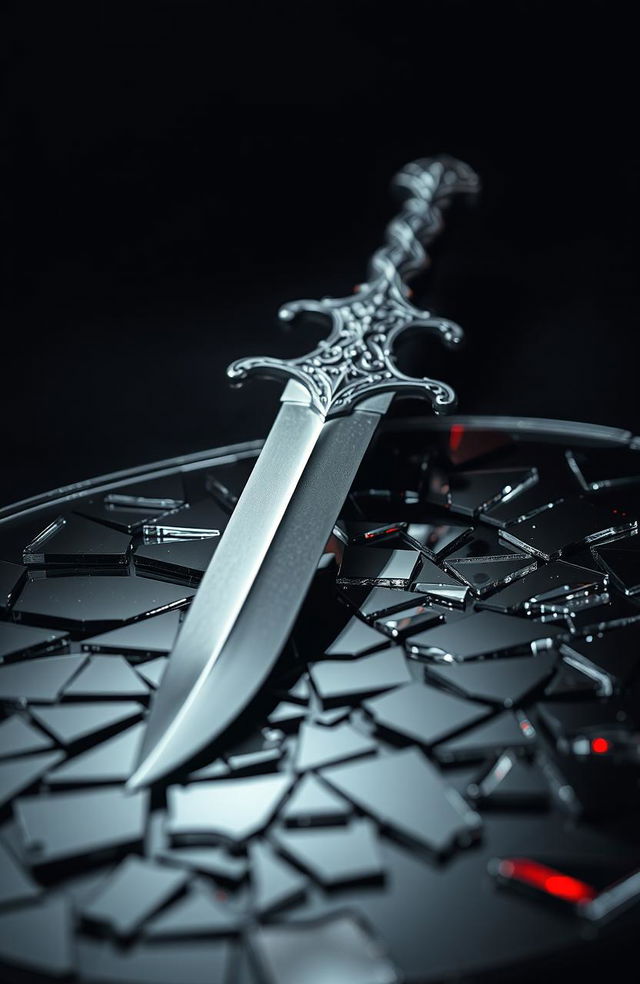 A detailed composition featuring a sleek, glistening dagger with a beautifully ornate handle resting on a shattered mirror