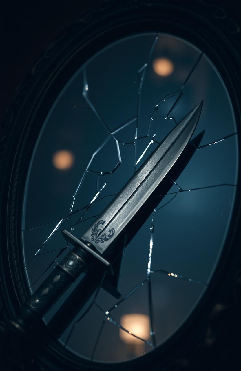 A dagger resting on a cracked, shattered mirror, the reflection distorted and fragmented, showcasing the sharp blade glinting under soft, ambient light