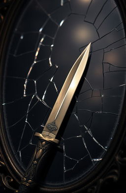 A dagger resting on a cracked, shattered mirror, the reflection distorted and fragmented, showcasing the sharp blade glinting under soft, ambient light
