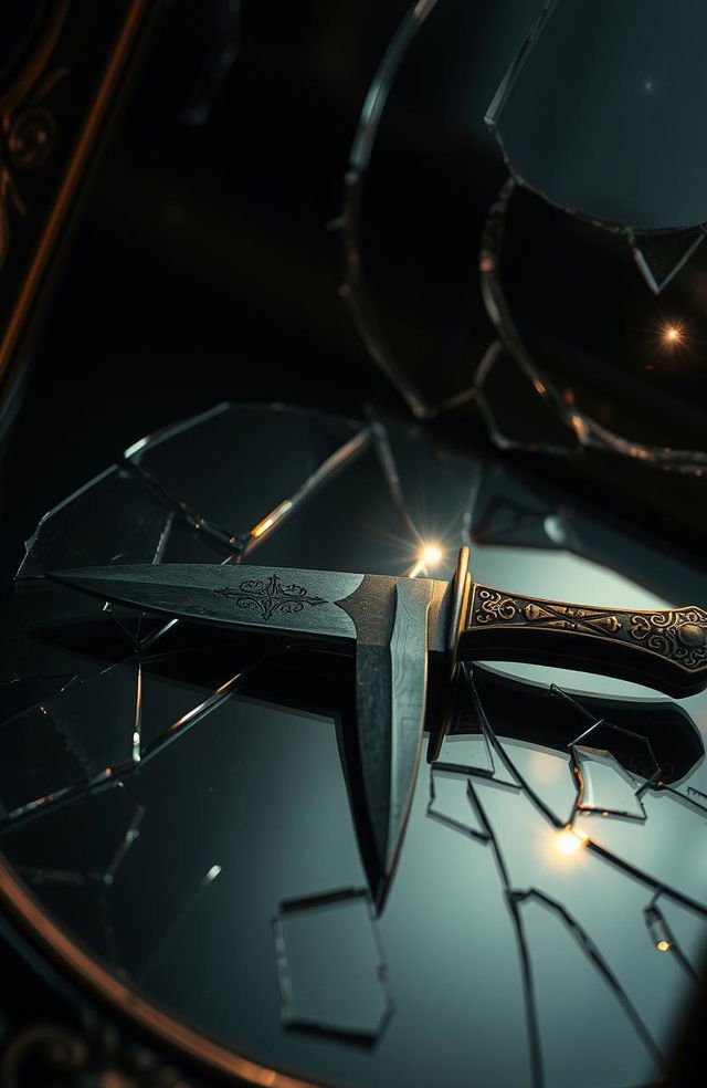 A dagger resting on a cracked, shattered mirror, the reflection distorted and fragmented, showcasing the sharp blade glinting under soft, ambient light