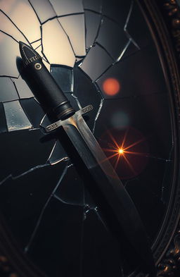 A dagger resting on a cracked, shattered mirror, the reflection distorted and fragmented, showcasing the sharp blade glinting under soft, ambient light