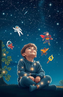 A young boy sitting under a starry night sky, gazing up dreamily at the constellations