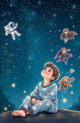 A young boy sitting under a starry night sky, gazing up dreamily at the constellations