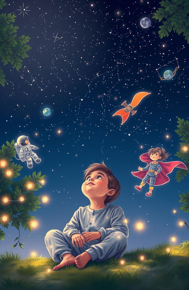 A young boy sitting under a starry night sky, gazing up dreamily at the constellations