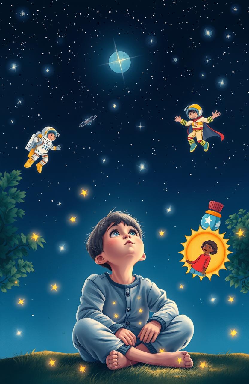 A young boy sitting under a starry night sky, gazing up dreamily at the constellations