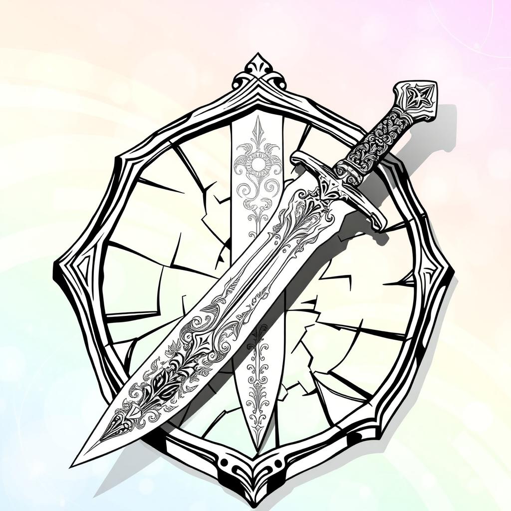 A fantasy-style outline drawing of a dagger resting on a cracked, broken mirror