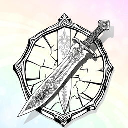 A fantasy-style outline drawing of a dagger resting on a cracked, broken mirror