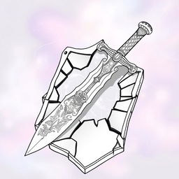 A fantasy-style outline drawing of a dagger resting on a cracked, broken mirror