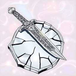 A fantasy-style outline drawing of a dagger resting on a cracked, broken mirror