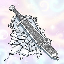 A fantasy-style outline drawing of a dagger resting on a cracked, broken mirror