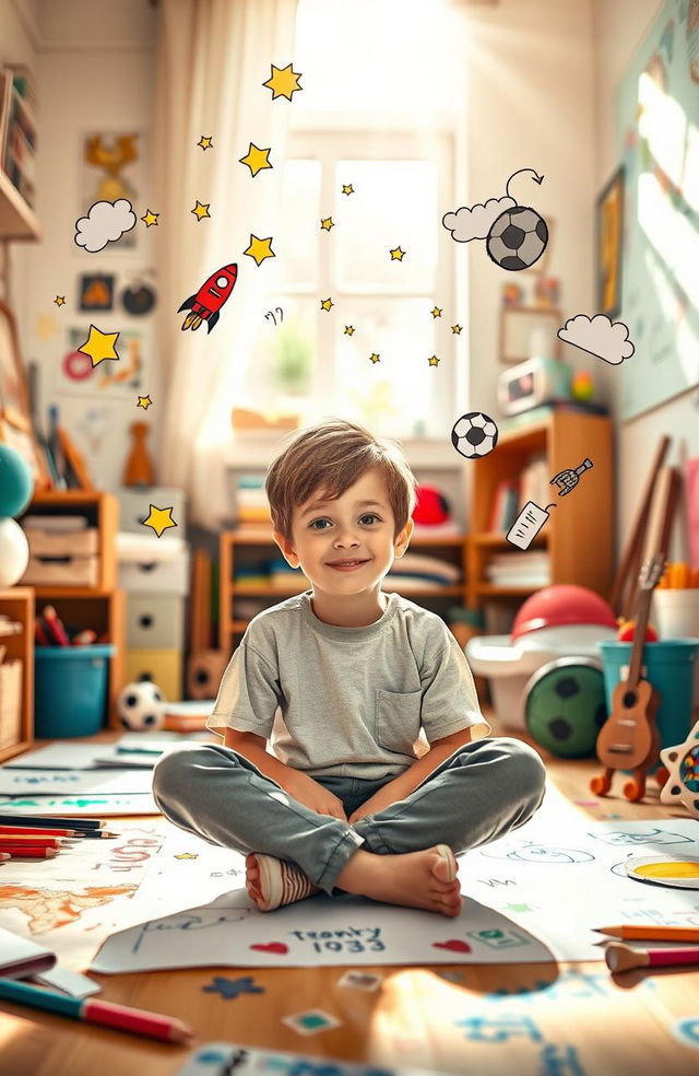 A whimsical and imaginative portrait of a boy, around 10 years old, sitting cross-legged on the floor of a cozy room filled with colorful drawings and art supplies