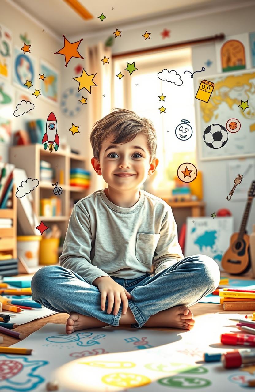 A whimsical and imaginative portrait of a boy, around 10 years old, sitting cross-legged on the floor of a cozy room filled with colorful drawings and art supplies