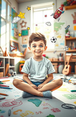A whimsical and imaginative portrait of a boy, around 10 years old, sitting cross-legged on the floor of a cozy room filled with colorful drawings and art supplies