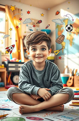 A whimsical and imaginative portrait of a boy, around 10 years old, sitting cross-legged on the floor of a cozy room filled with colorful drawings and art supplies
