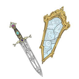 A regal fantasy-style outline drawing featuring a beautifully crafted dagger and a broken mirror