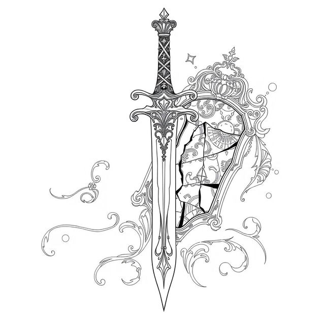 A regal fantasy-style outline drawing featuring a beautifully crafted dagger and a broken mirror