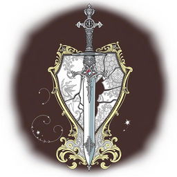 A regal fantasy-style outline drawing featuring a beautifully crafted dagger and a broken mirror