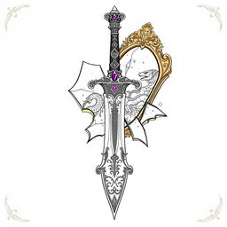 A regal fantasy-style outline drawing featuring a beautifully crafted dagger and a broken mirror