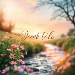 A poetic book cover design featuring a serene landscape with vibrant flowers blooming in the foreground, a soft sunrise illuminating the sky with pastel colors, and a gentle stream flowing through the scene