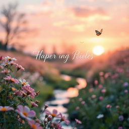 A poetic book cover design featuring a serene landscape with vibrant flowers blooming in the foreground, a soft sunrise illuminating the sky with pastel colors, and a gentle stream flowing through the scene