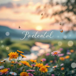 A poetic book cover design featuring a serene landscape with vibrant flowers blooming in the foreground, a soft sunrise illuminating the sky with pastel colors, and a gentle stream flowing through the scene