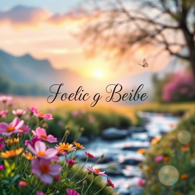 A poetic book cover design featuring a serene landscape with vibrant flowers blooming in the foreground, a soft sunrise illuminating the sky with pastel colors, and a gentle stream flowing through the scene