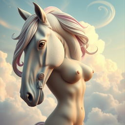 A surreal and imaginative artwork depicting a woman's torso elegantly replacing the head of a horse