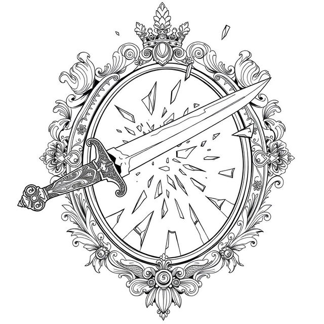 An outline drawing depicting a dagger striking a royal fantasy-style mirror, causing it to shatter