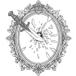 An outline drawing depicting a dagger striking a royal fantasy-style mirror, causing it to shatter