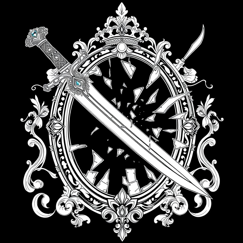 An outline drawing depicting a dagger striking a royal fantasy-style mirror, causing it to shatter