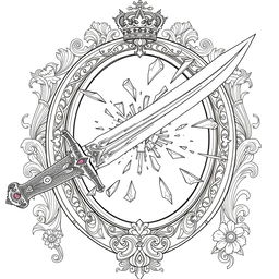 An outline drawing depicting a dagger striking a royal fantasy-style mirror, causing it to shatter